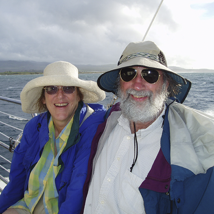 dean's circle members edith cherry and jim see, older couple outdoors on a boat