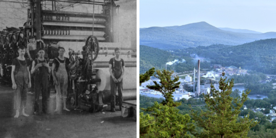 a black and white photo of paper mill workers next to a color photo of smoke stacks