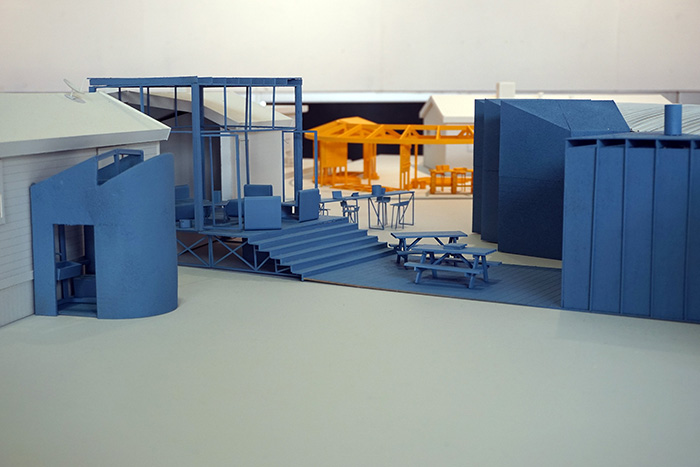 architectural model with blue buildings