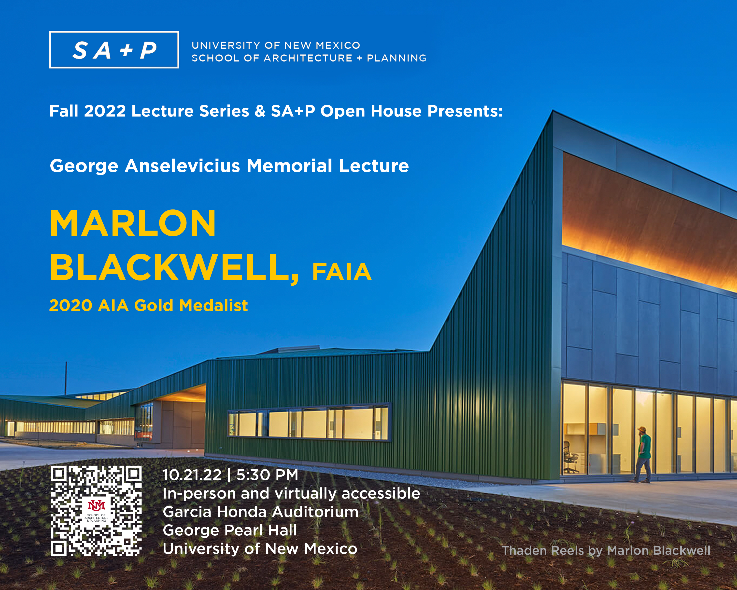 flyer with details for the marlon blackwell lecture in 2020